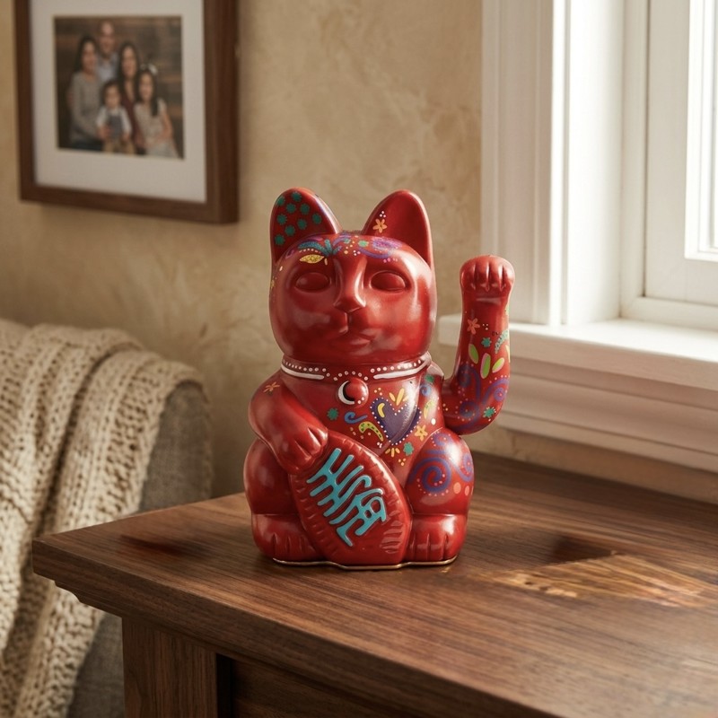 Red hand-painted Maneki Neko Lucky Cat with blue heart