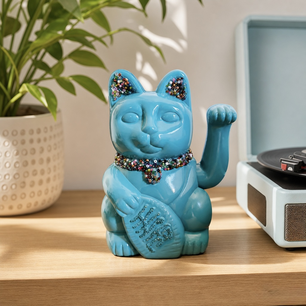 Custom hand-painted turquoise beaded Maneki Neko lucky cat on a shelf as a birthday gift