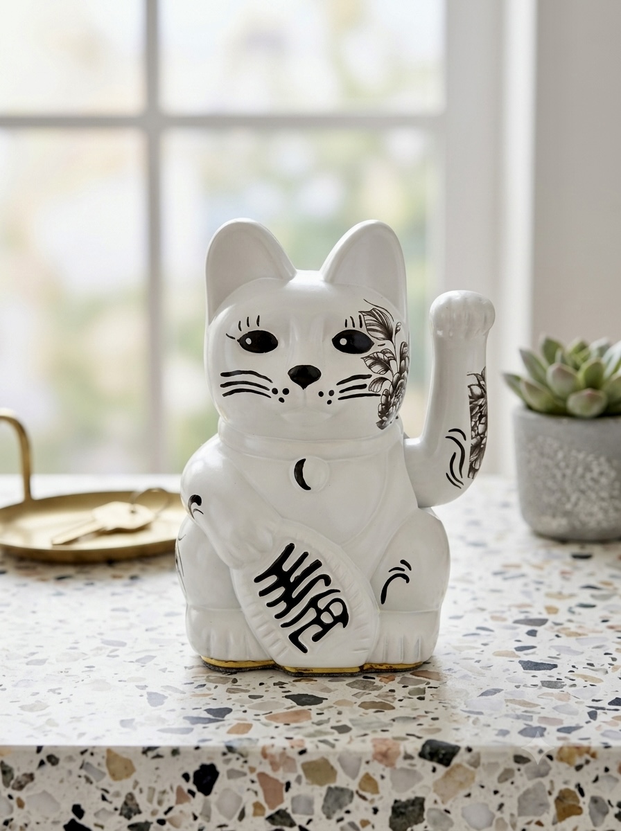Hand-painted white Maneki Neko lucky cat on a kitchen counter as a housewarming gift