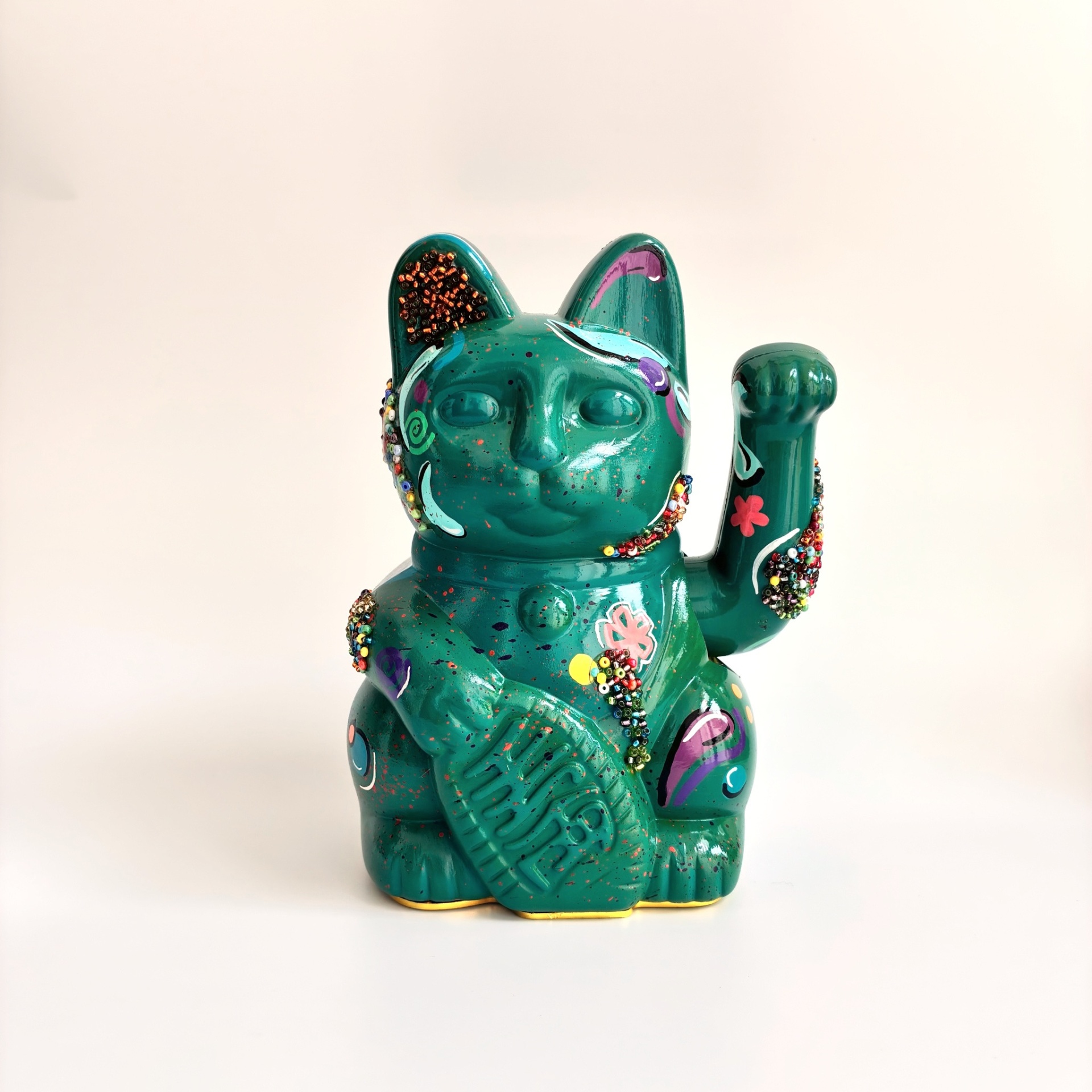 GREEN BEADED HIPPIE — hand-painted Maneki Neko Lucky Cat by Endorphin Art in a styled home setting (view 2)