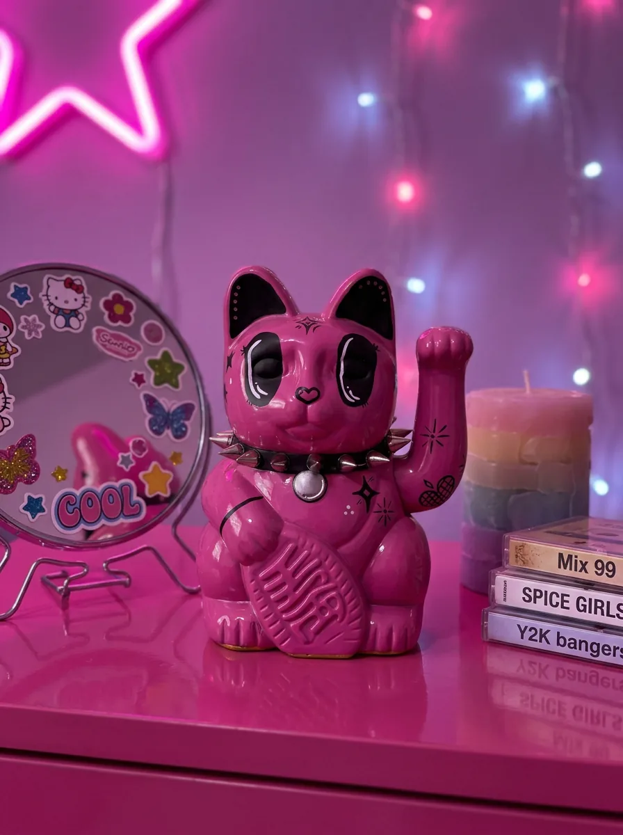 Pink Goth Maneki Neko with Spiked Collar — hand-painted Maneki Neko Lucky Cat by Endorphin Art in a styled home setting (view 2)