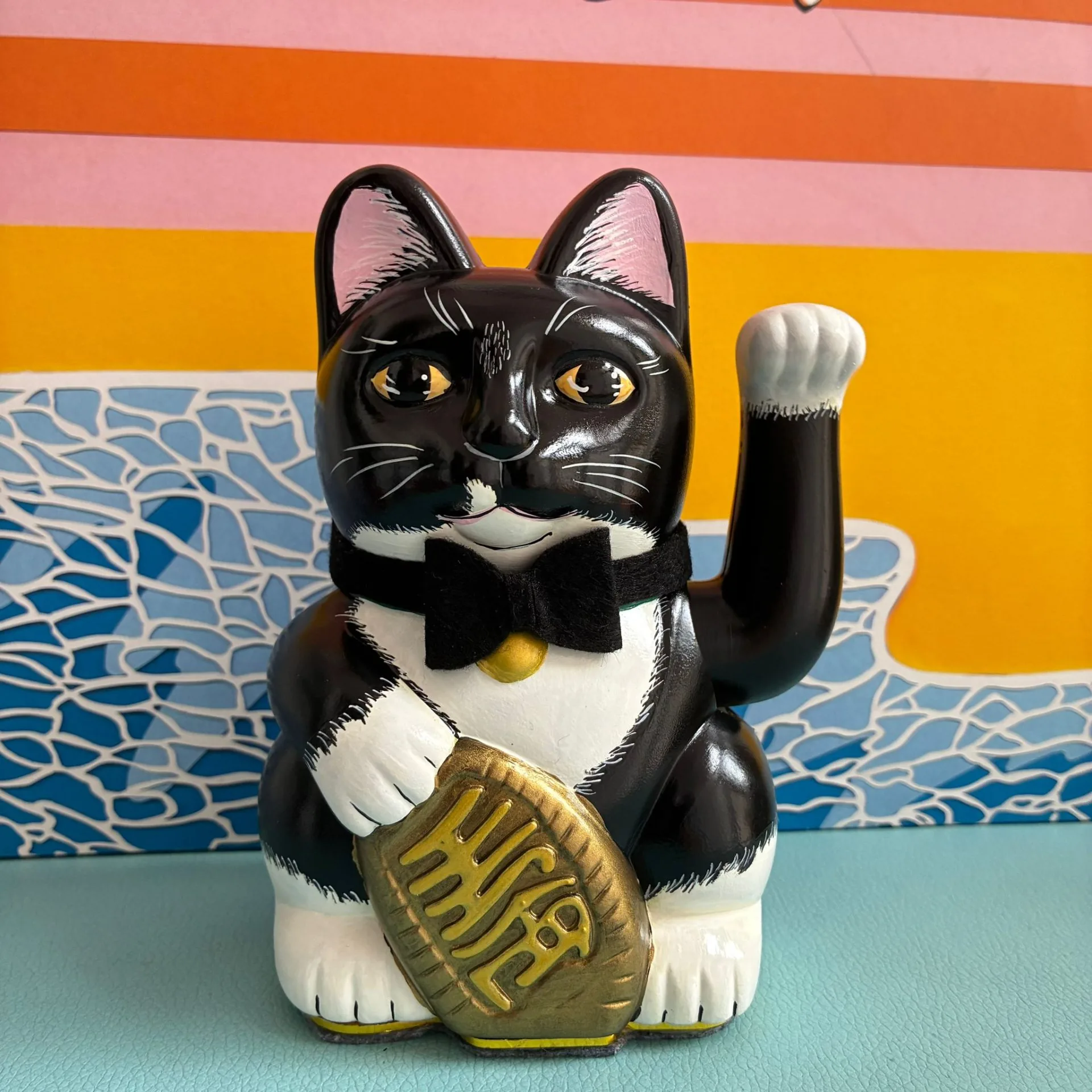 Hand-painted black and white tuxedo Maneki Neko Lucky Cat with bowtie