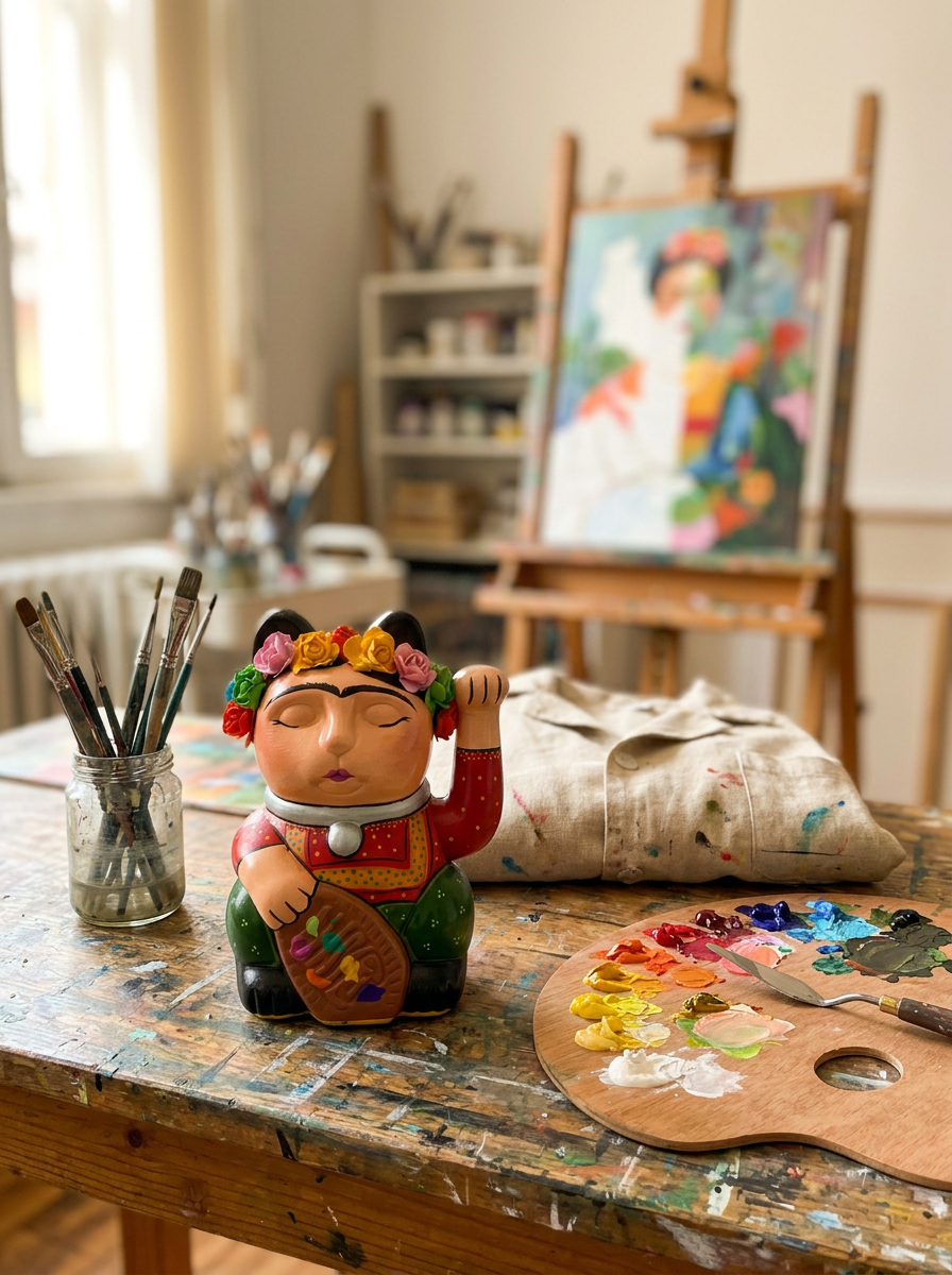 Hand-painted lucky cat next to an artist's paint set, showing it is painted by hand