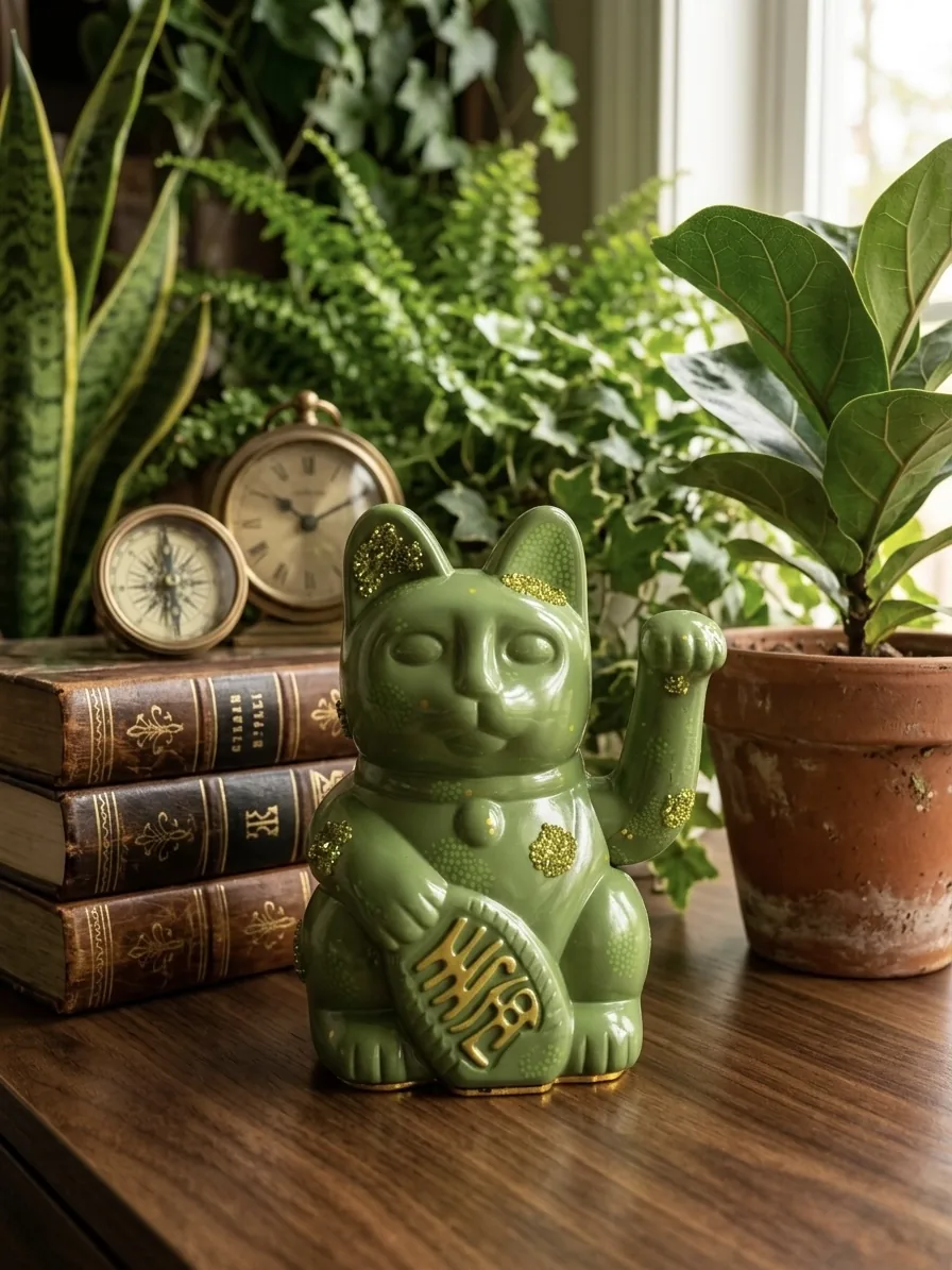 Sage green hand-painted Maneki Neko Lucky Cat with gold details on a wooden table