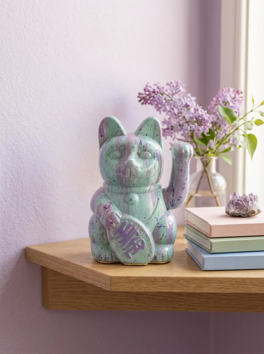 Mint & Lilac Marble Maneki Neko — hand-painted Maneki Neko Lucky Cat by Endorphin Art in a styled home setting (view 2)