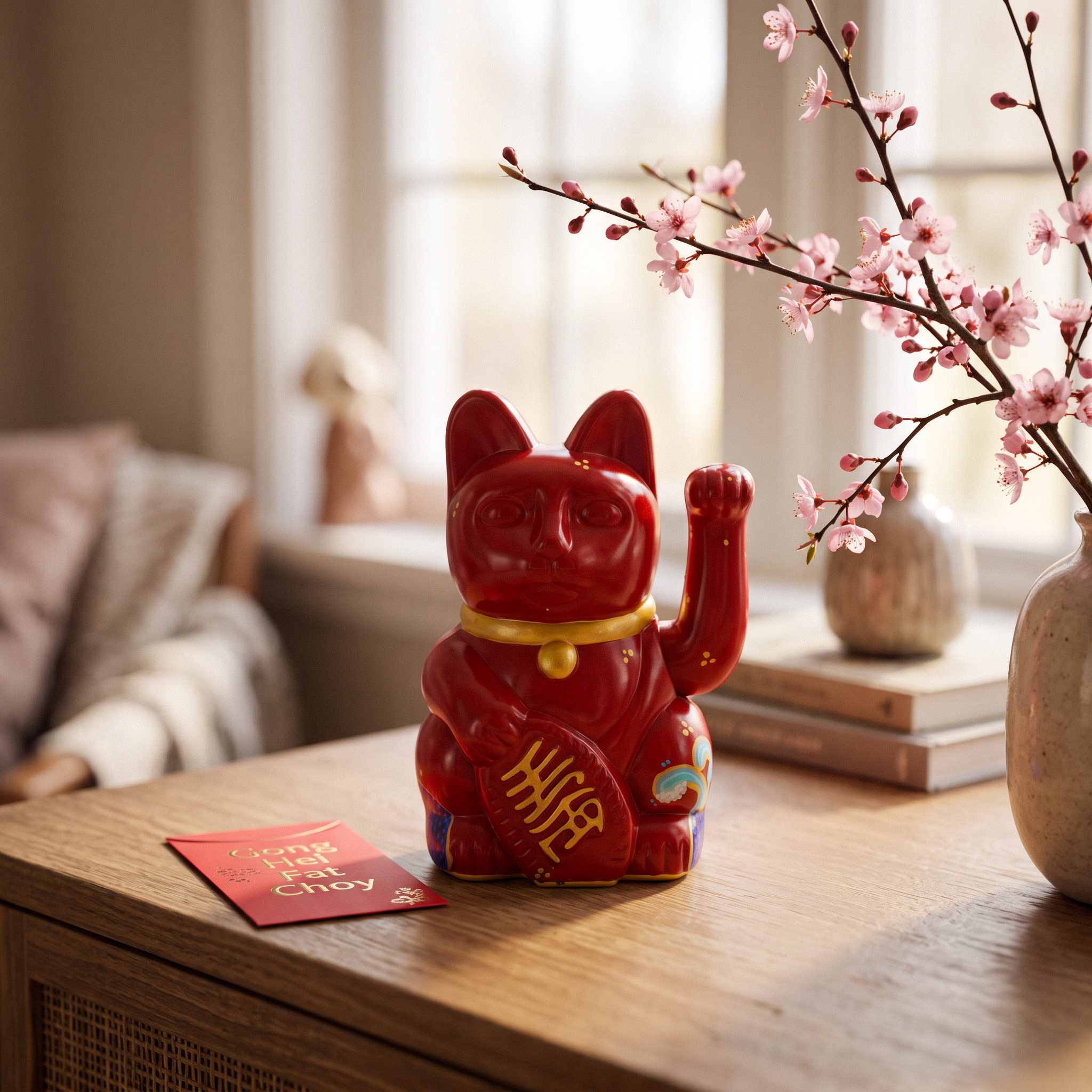 Hand-painted red Maneki Neko lucky cat styled at home with blossom for a Lunar New Year gift