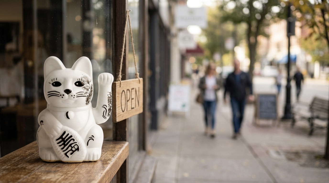 Hand-painted Maneki Neko lucky cat on a small shop counter beside a vintage cash register in Barcelona