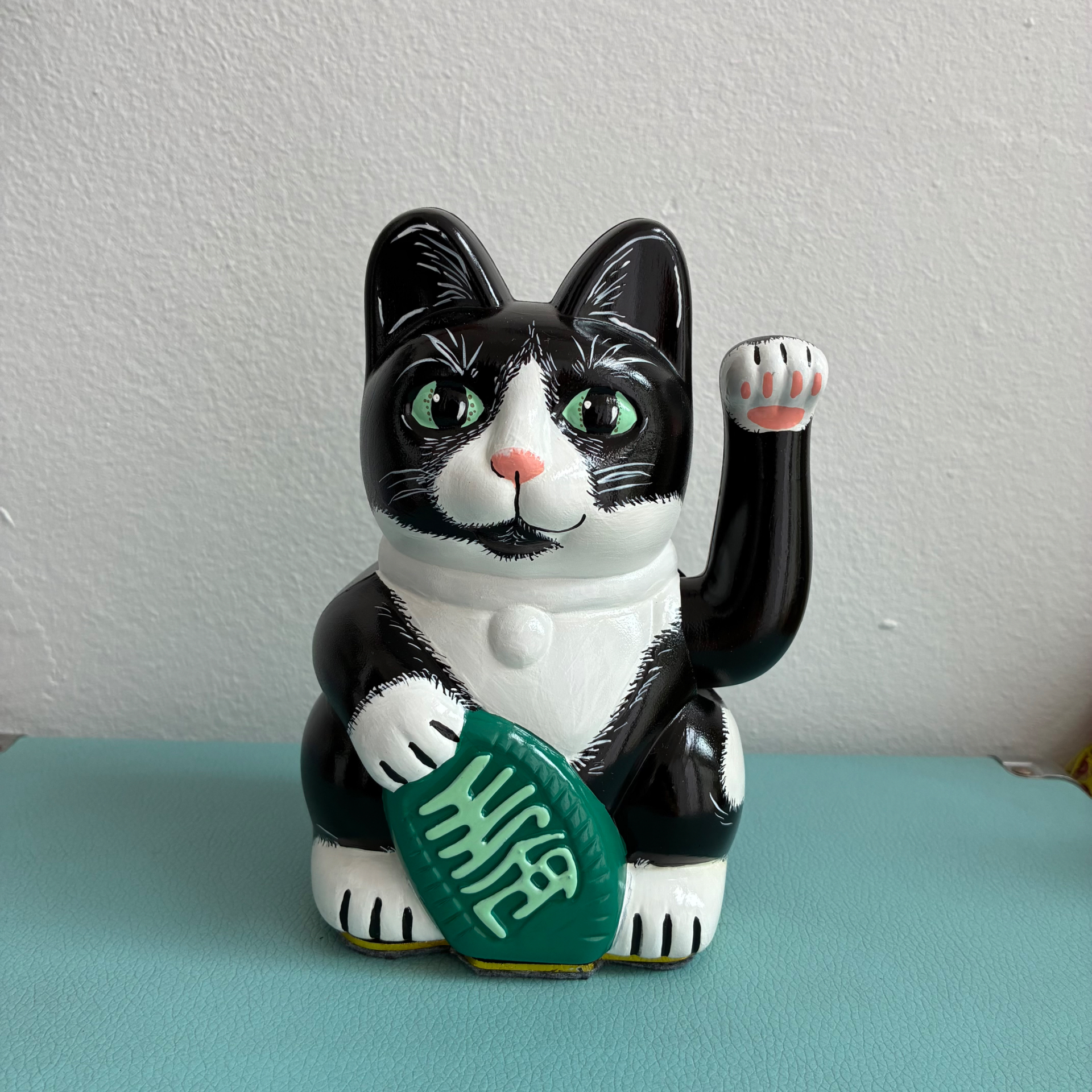 Custom hand-painted tuxedo cat Maneki Neko Lucky Cat figurine with green eyes