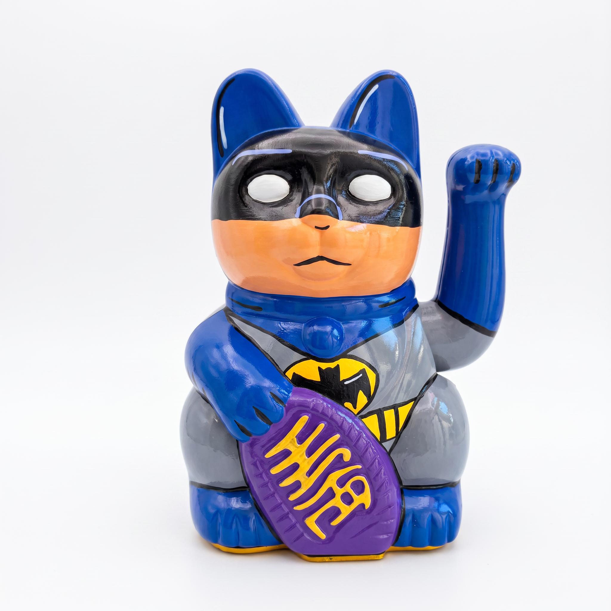 VINTAGE BATMAN — hand-painted Maneki Neko Lucky Cat by Endorphin Art in a styled home setting (view 2)