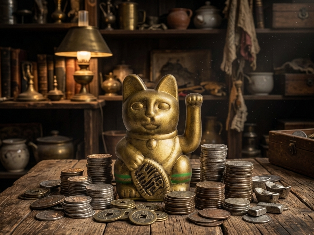 Lucky cat placed in the wealth corner of a home office, facing into the room