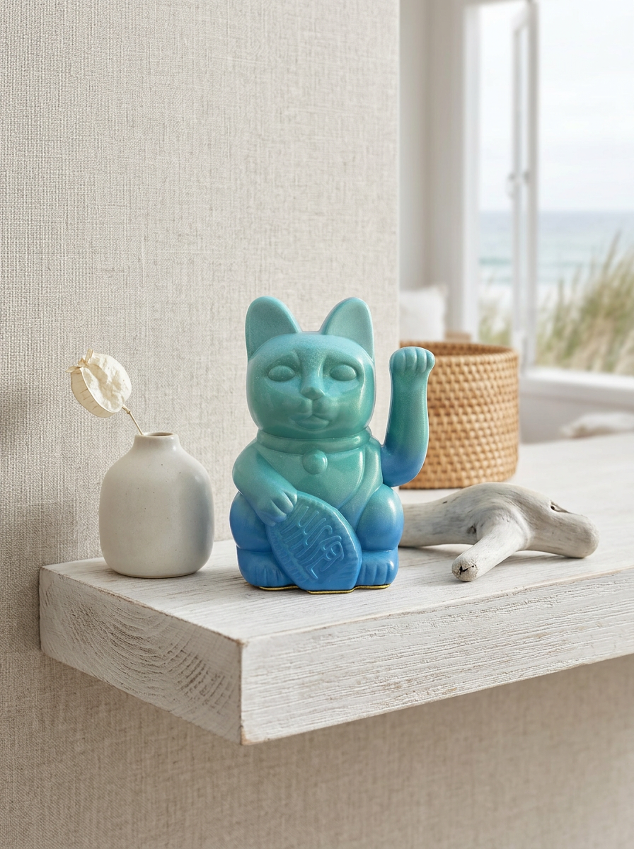 Well-cared-for lucky cat on a tidy shelf with its raised paw facing open space