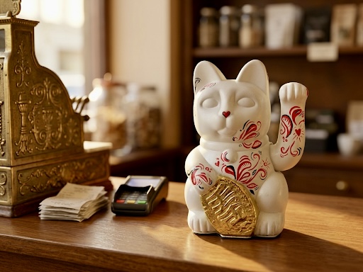 Maneki Neko lucky cat beside a cash register, right paw raised to attract sales