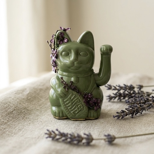 Green botanical hand-painted Maneki Neko Lucky Cat with floral motifs