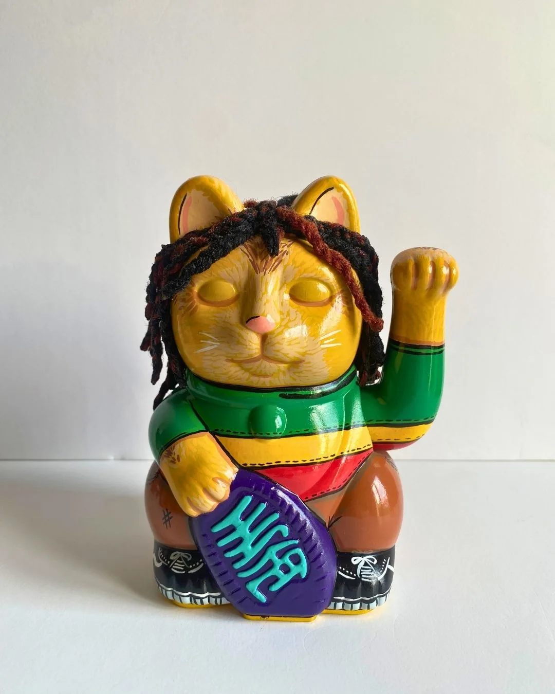 Custom Rasta hand-painted Maneki Neko Lucky Cat with dreadlocks