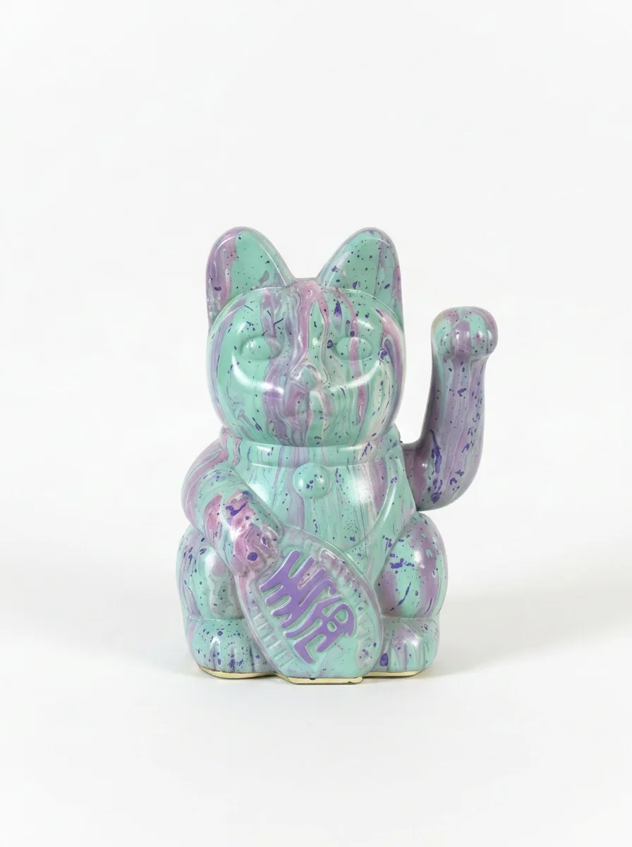 Mint & Lilac Marble Maneki Neko — hand-painted Maneki Neko Lucky Cat by Endorphin Art