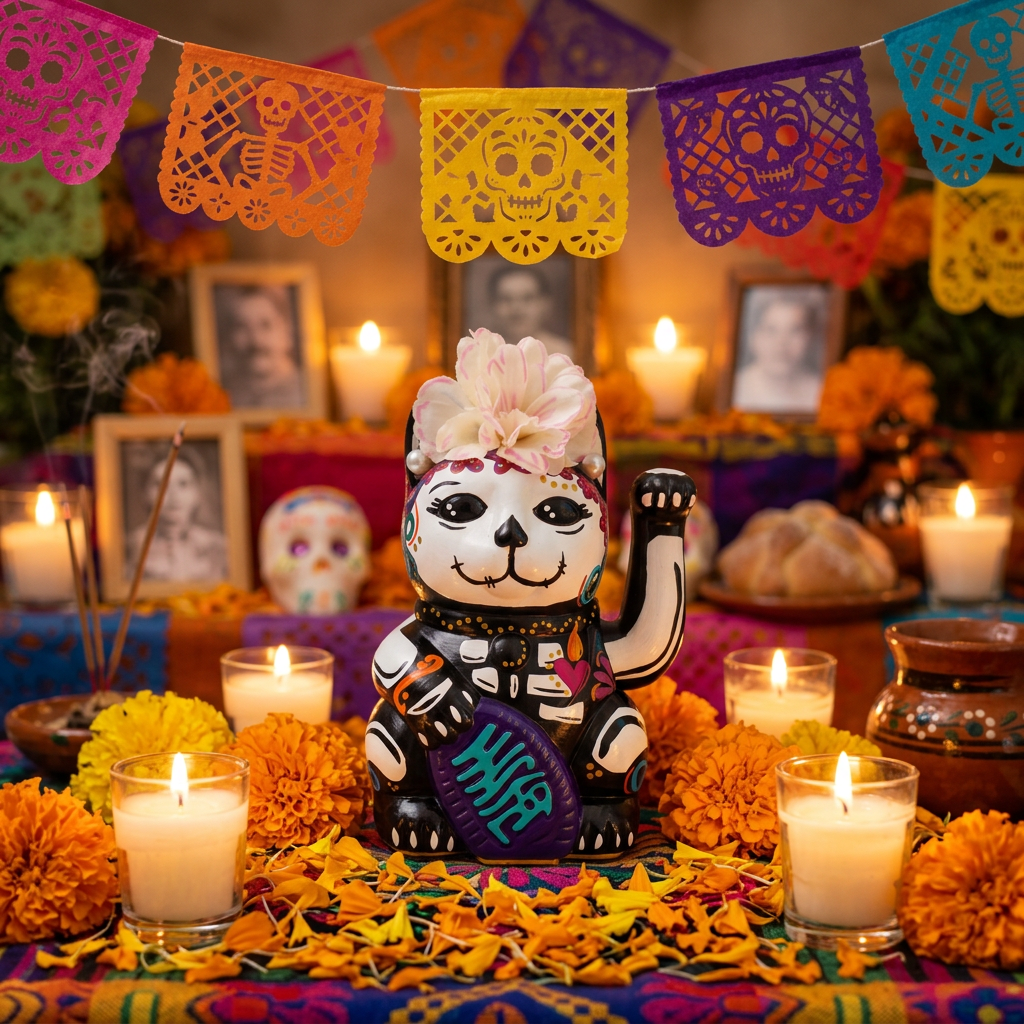 SUGAR SKULL CATRINA — hand-painted Maneki Neko Lucky Cat by Endorphin Art