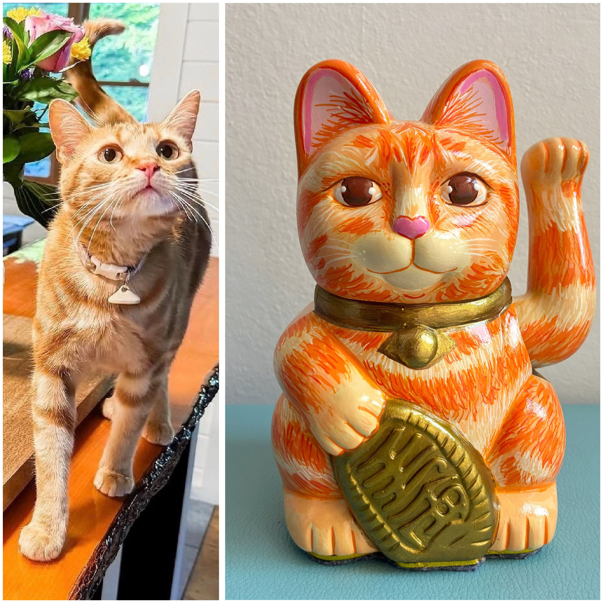 Orange tabby cat next to the hand-painted Lucky Cat figurine painted from its photo