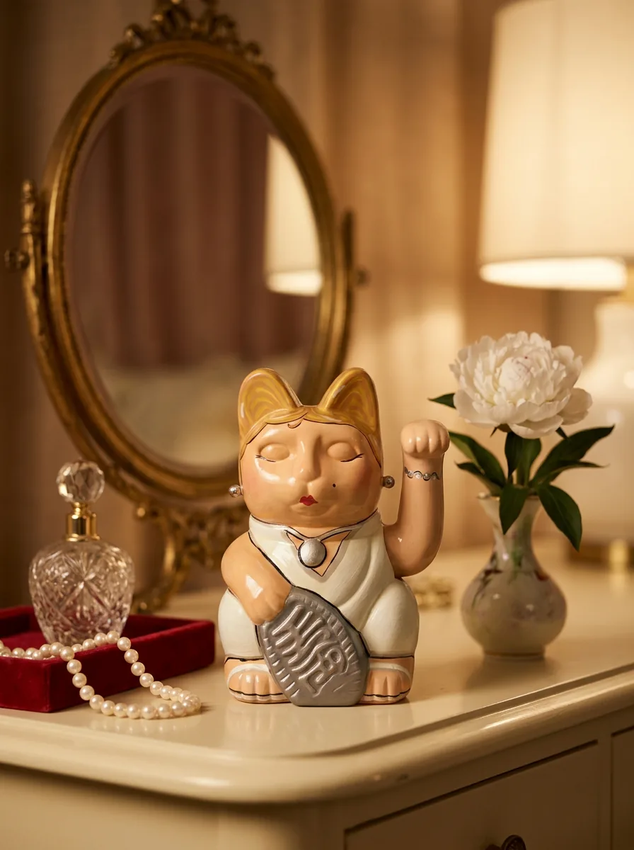 Marilyn Monroe inspired Maneki Neko — hand-painted Maneki Neko Lucky Cat by Endorphin Art in a styled home setting (view 2)