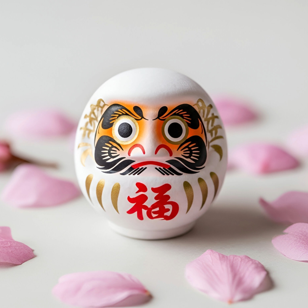 White Japanese Daruma doll with painted face on a soft background