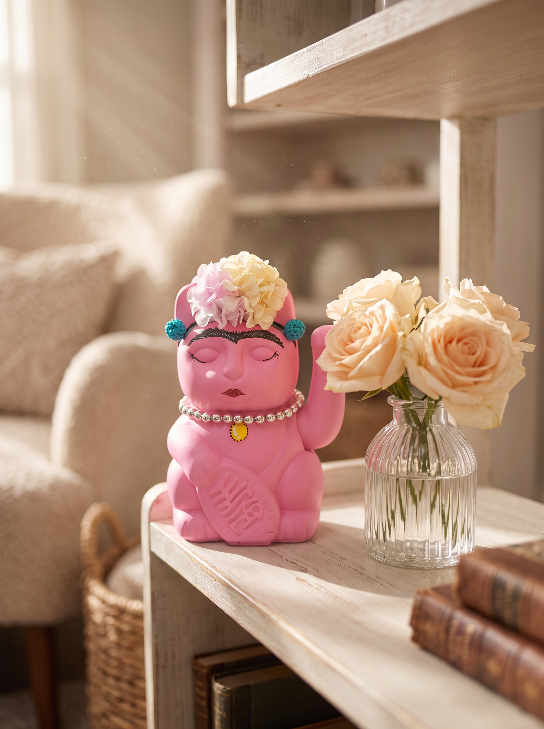 Hand-painted pink Frida-style Maneki Neko lucky cat beside roses as a Valentine's or anniversary gift
