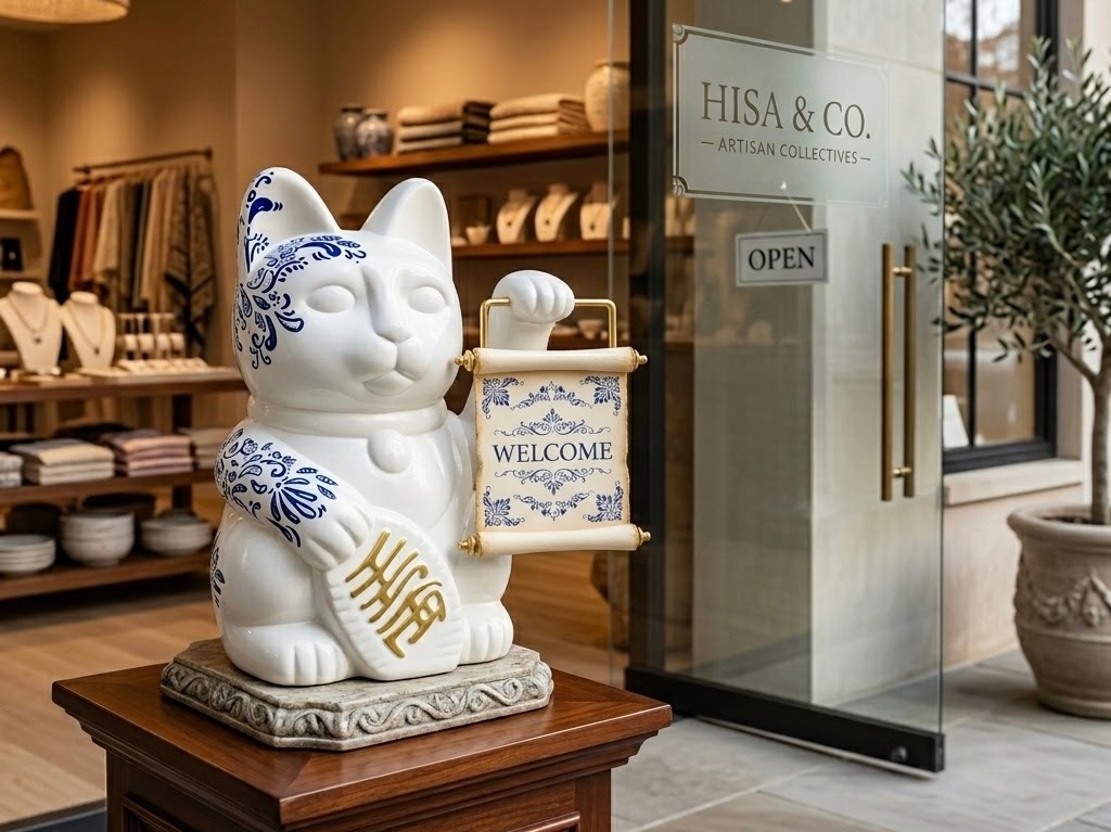 Lucky cat figurine in a shop window, raised paw facing the street to beckon customers