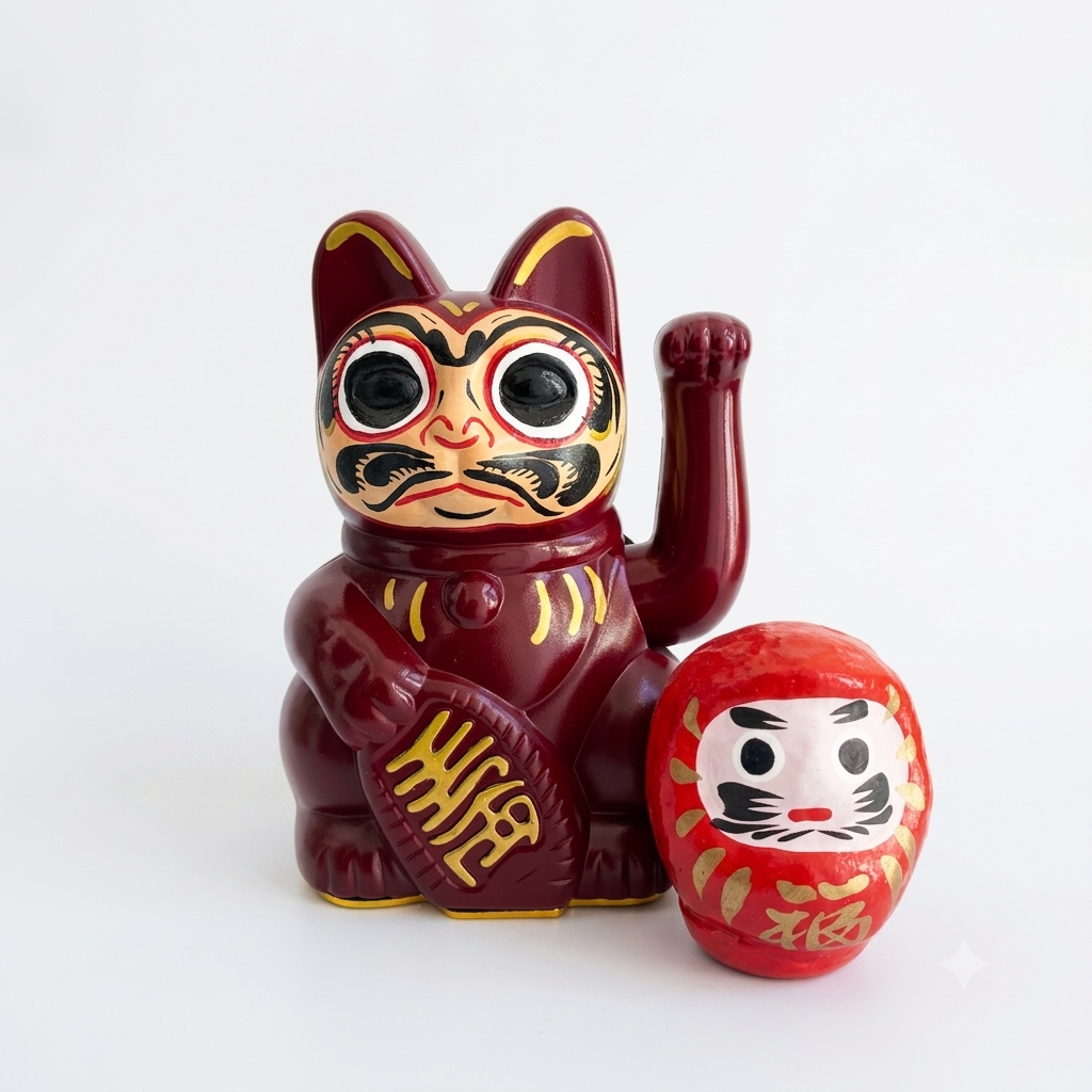 DARUMA DOLL MASK — hand-painted Maneki Neko Lucky Cat by Endorphin Art in a styled home setting (view 2)