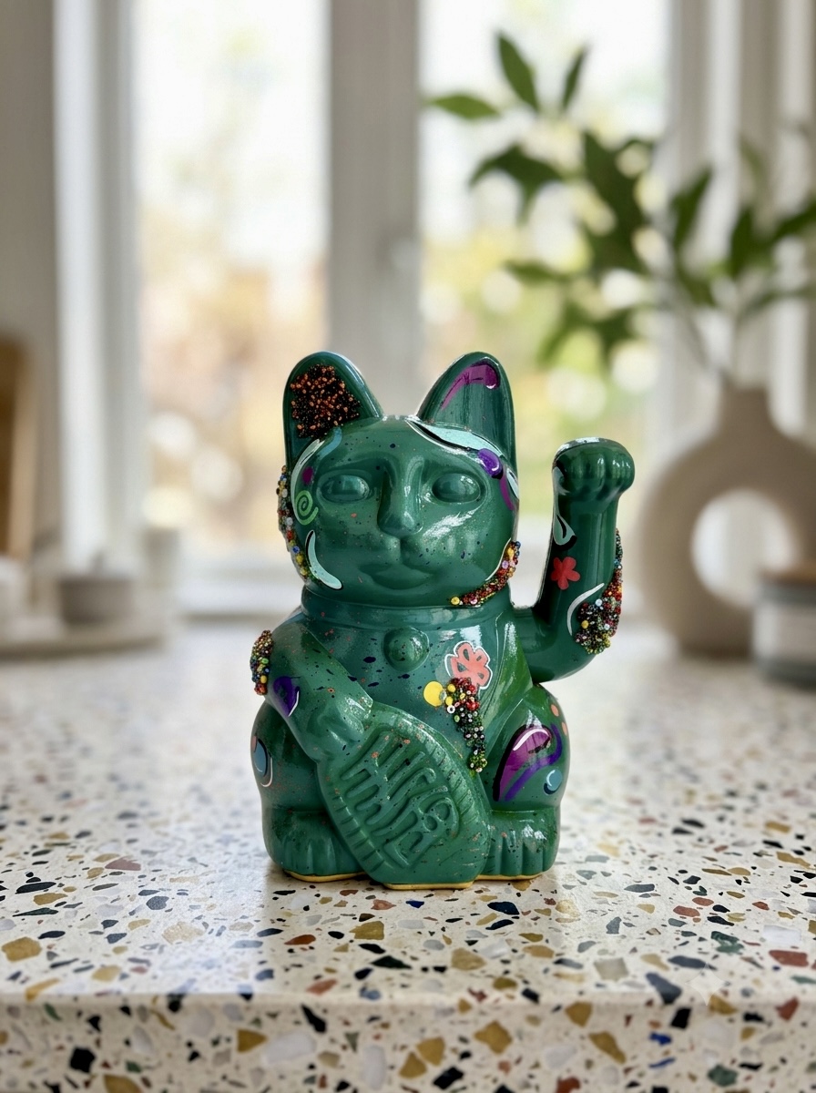 Hand-painted green beaded Maneki Neko lucky cat at home as a thoughtful just-because gift