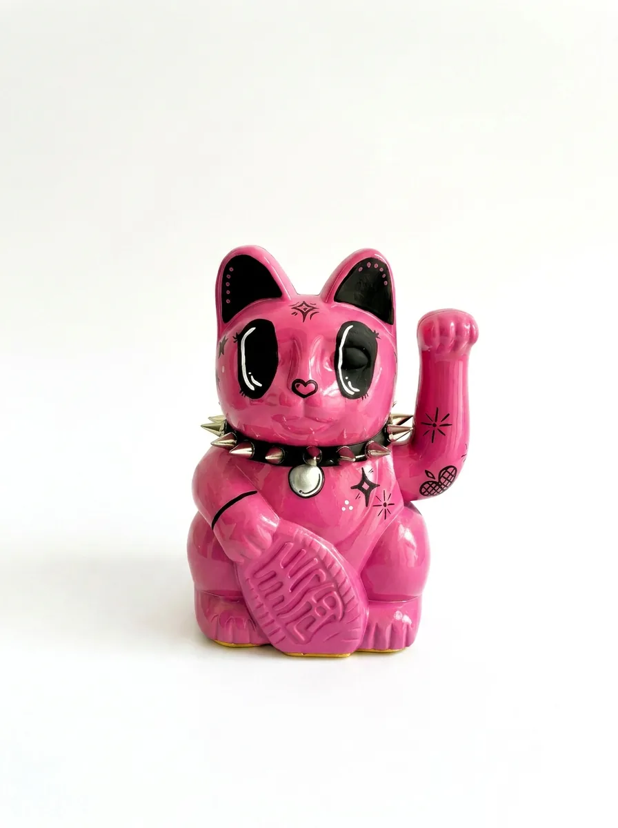 Pink Goth Maneki Neko with Spiked Collar — hand-painted Maneki Neko Lucky Cat by Endorphin Art