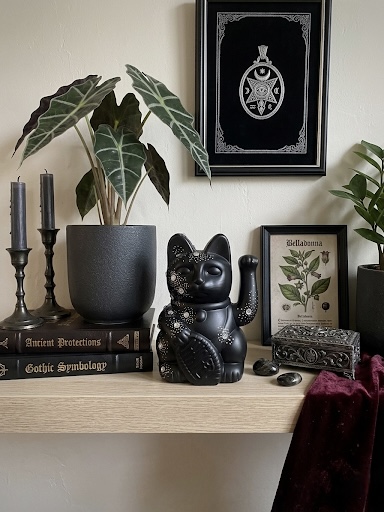 Dark gothic hand-painted Maneki Neko Lucky Cat for moody workspace