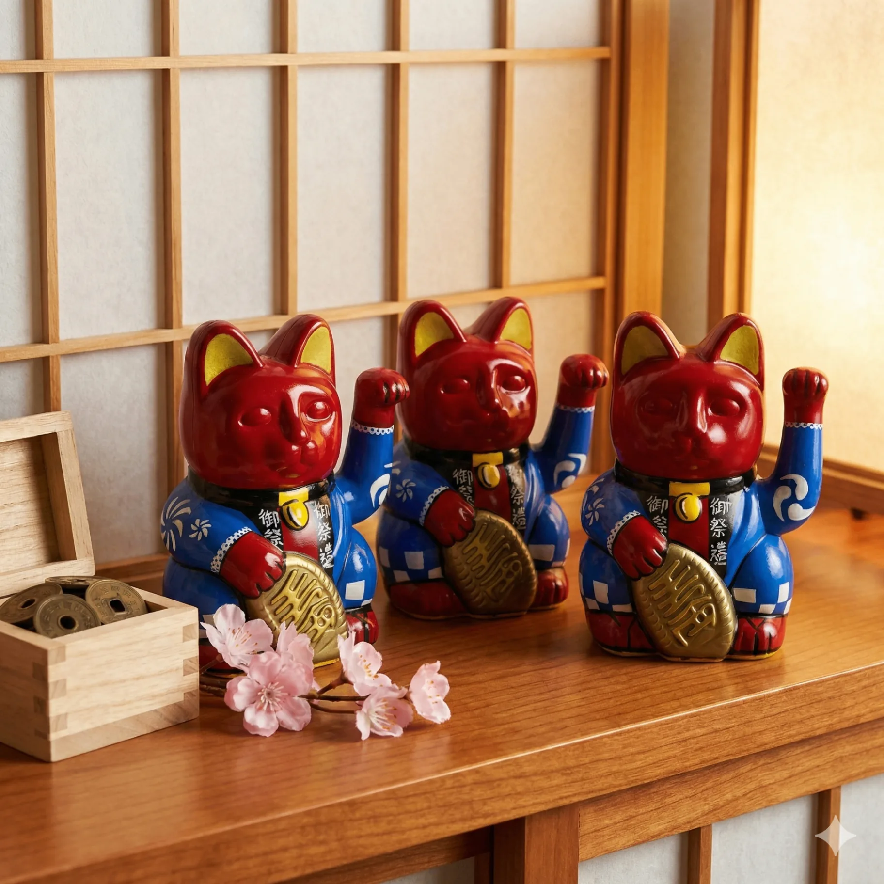 Trio of custom hand-painted Maneki Neko Lucky Cats by Endorphin Art