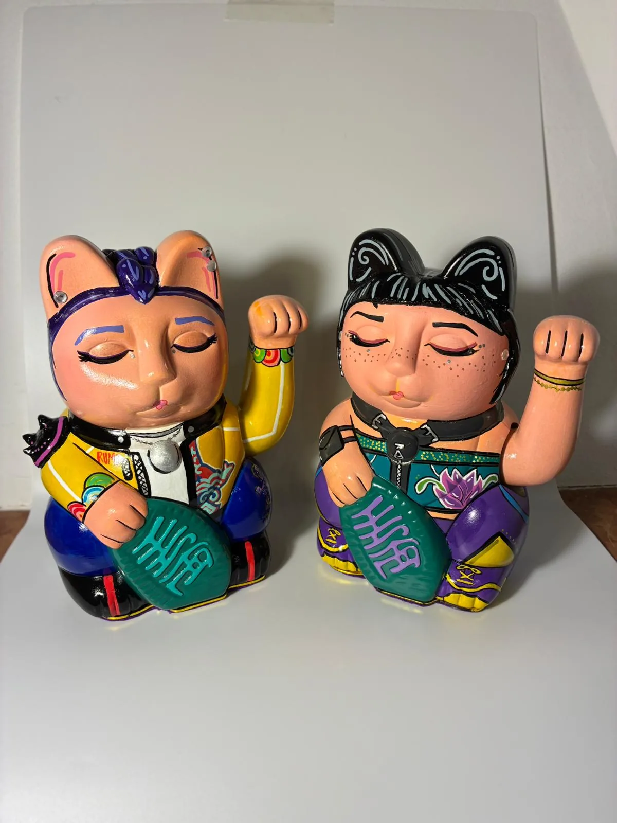 Pair of custom hand-painted punk Maneki Neko Lucky Cats with tattoos and spiked collars