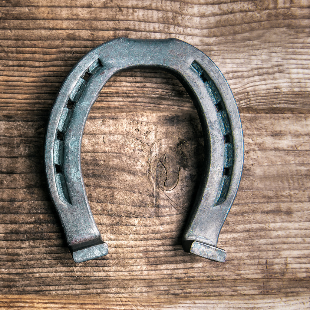 Weathered iron horseshoe on rustic wood — Western good luck symbol
